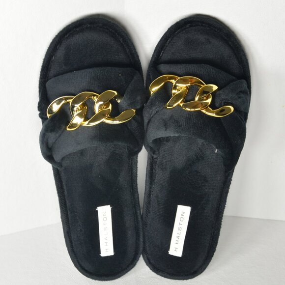 H Halston House Slippers Womens 9 Black with Gold Embellishment - Picture 1 of 9